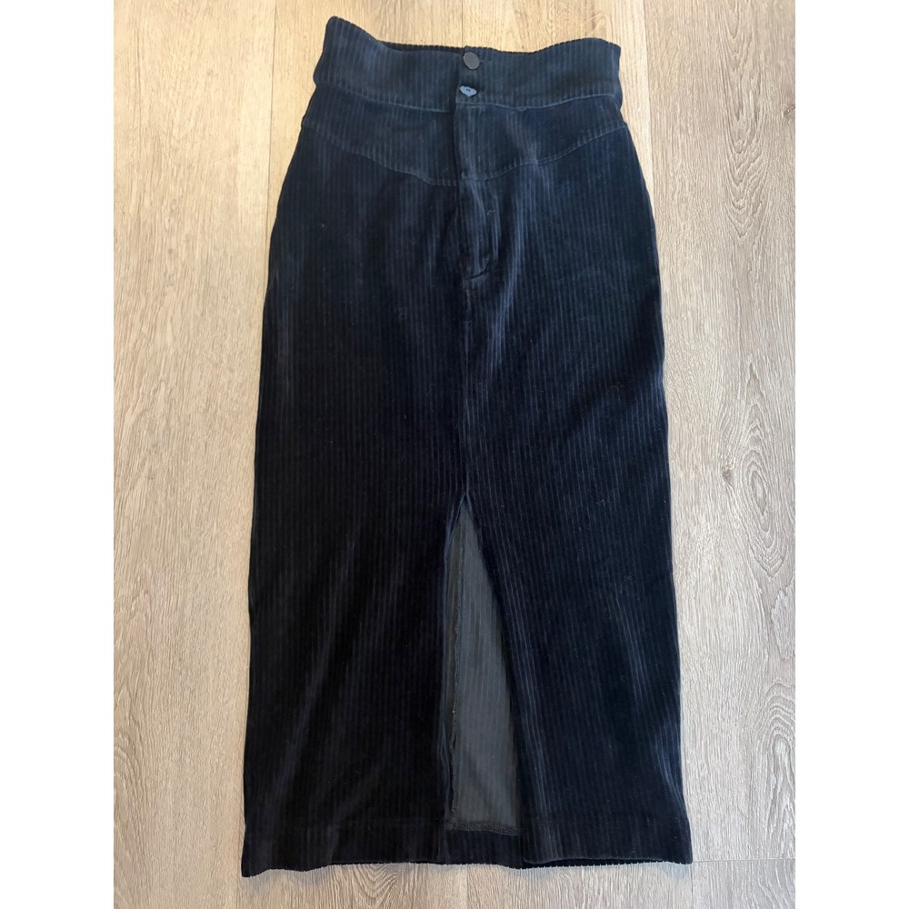 Free People Black Corduroy High Waisted Midi Skirt Front Slit OB1227063 Size M